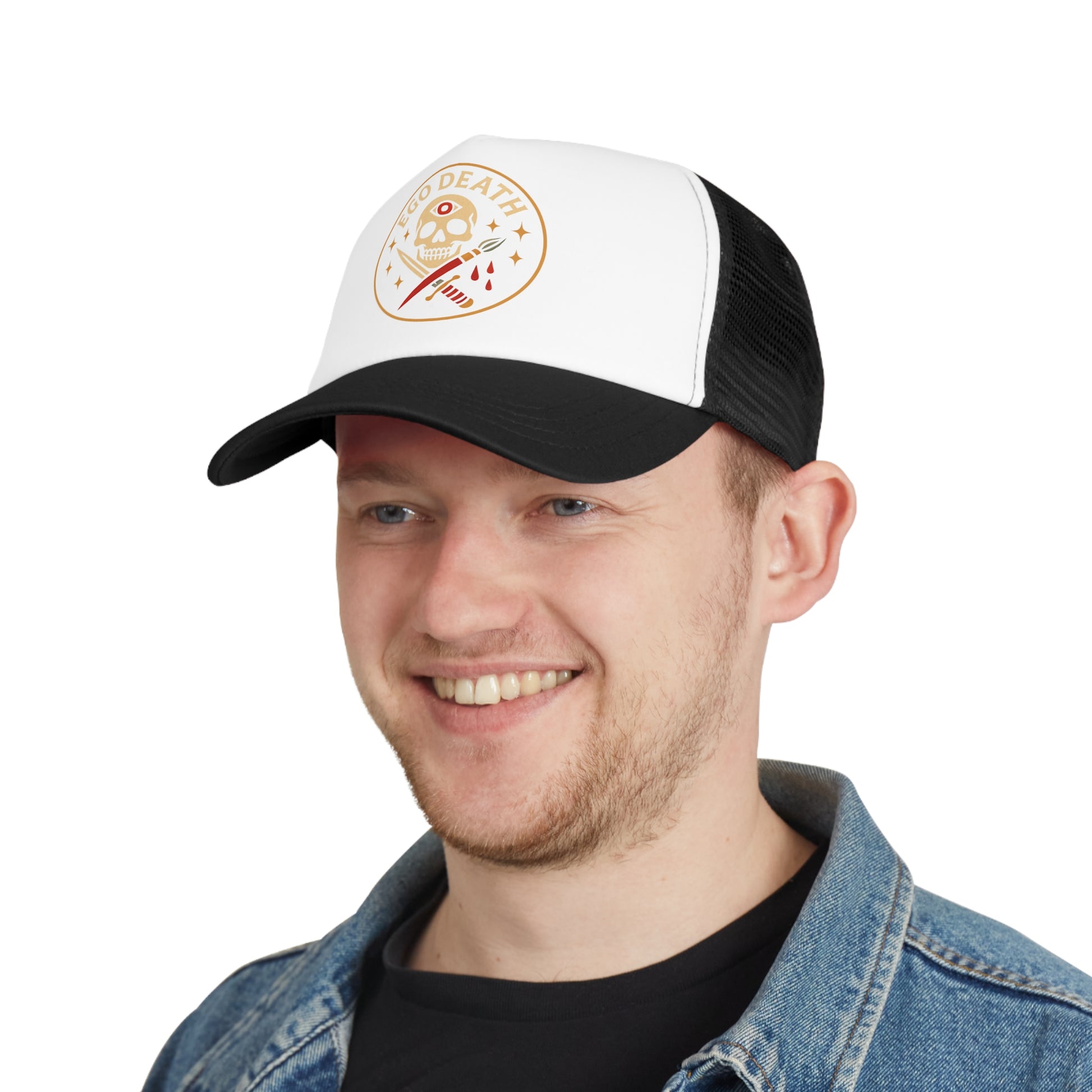 Ego Death Mesh Cap | Trucker Hat with Skull Design, Cool Accessory for Music Festivals, Casual Wear, Gift for Him/Her, Street Style