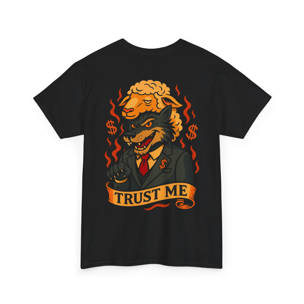 Ego Death™ Clothing, wolf in sheep clothing. Trust me, traditional tattoo style black unisex tee