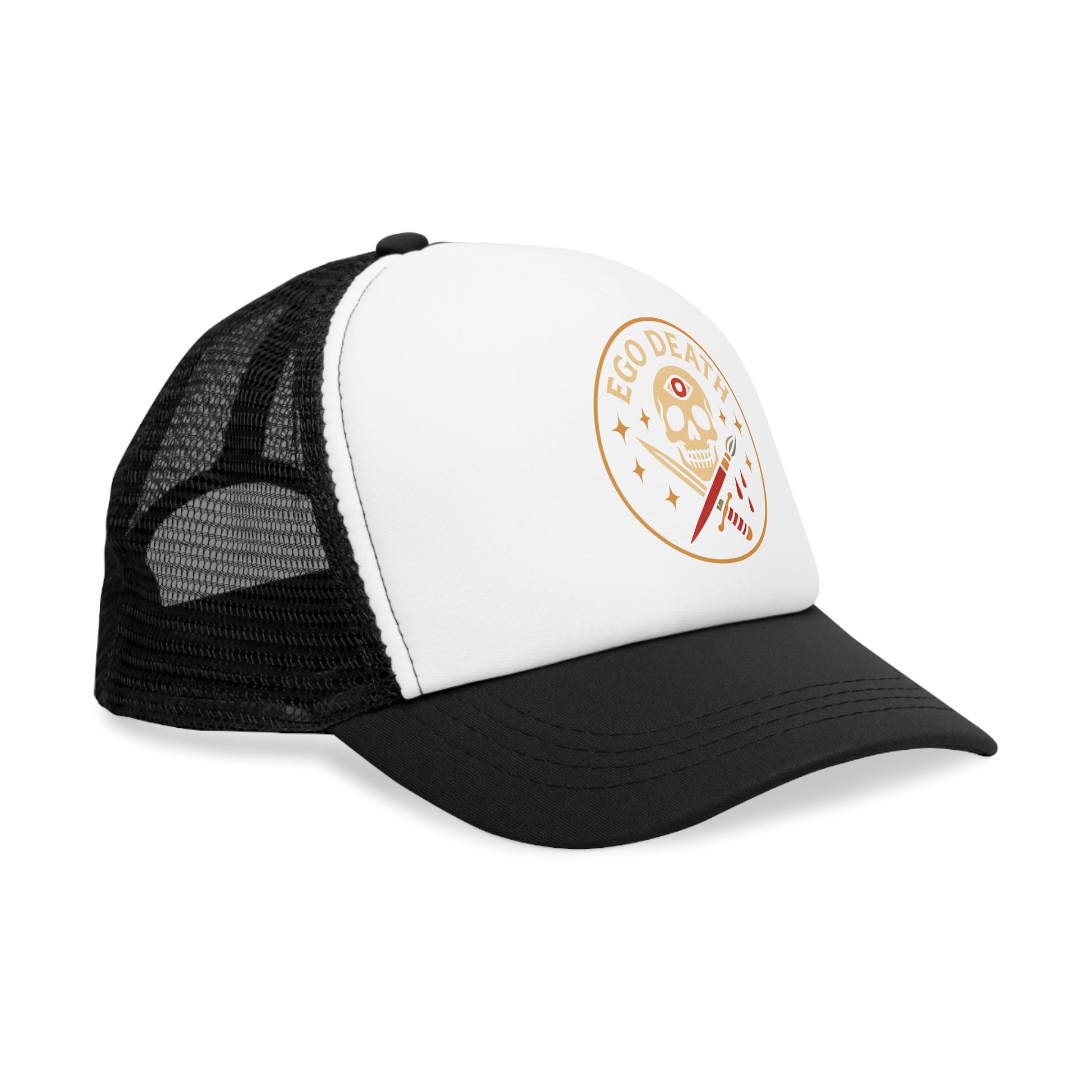 Ego Death Mesh Cap | Trucker Hat with Skull Design, Cool Accessory for Music Festivals, Casual Wear, Gift for Him/Her, Street Style