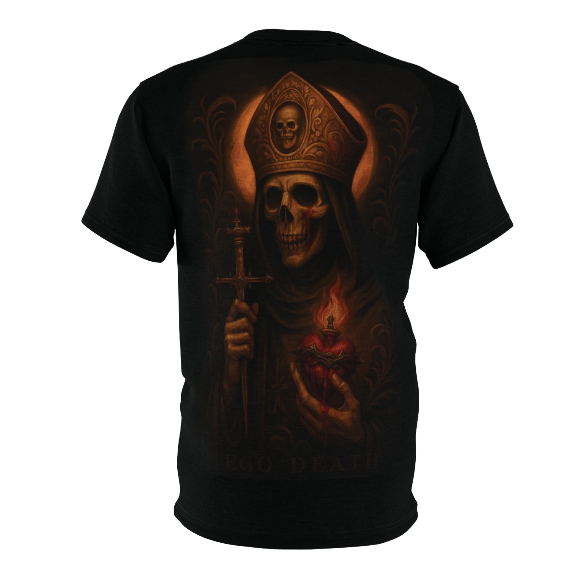 Gothic Skull Pope T-Shirt, Dark Art Occult Shirt, Ego Death Clothing , Skeleton Priest Tee, Sacred Heart Flame Print