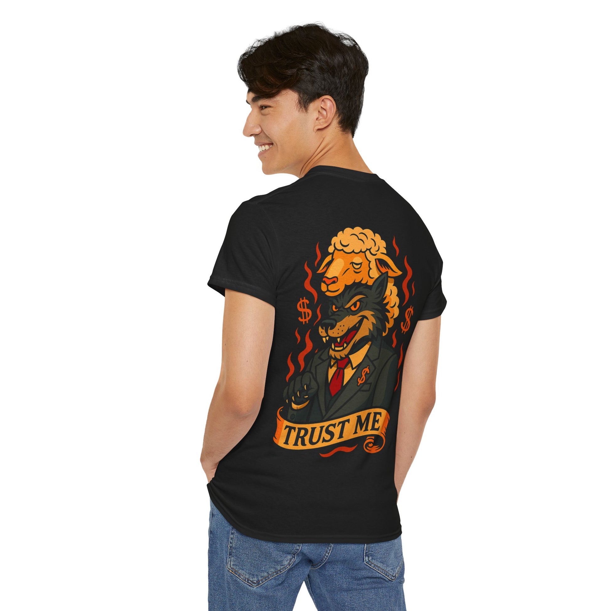 Ego Death® Clothing, wolf in sheep clothing. Trust me, traditional tattoo style black unisex tee